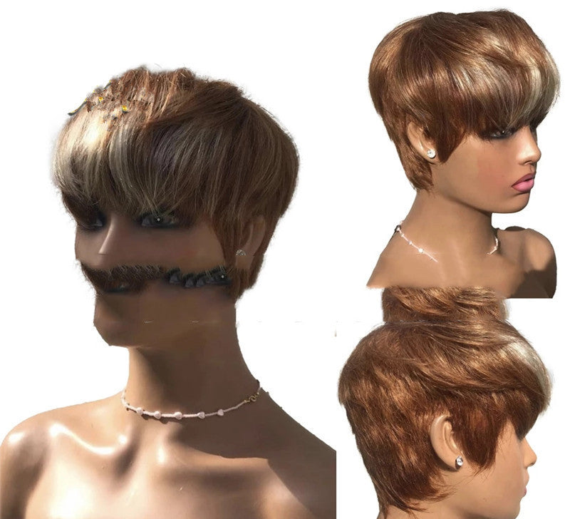 Brown and Golden Highlights Short Hair Wig-1