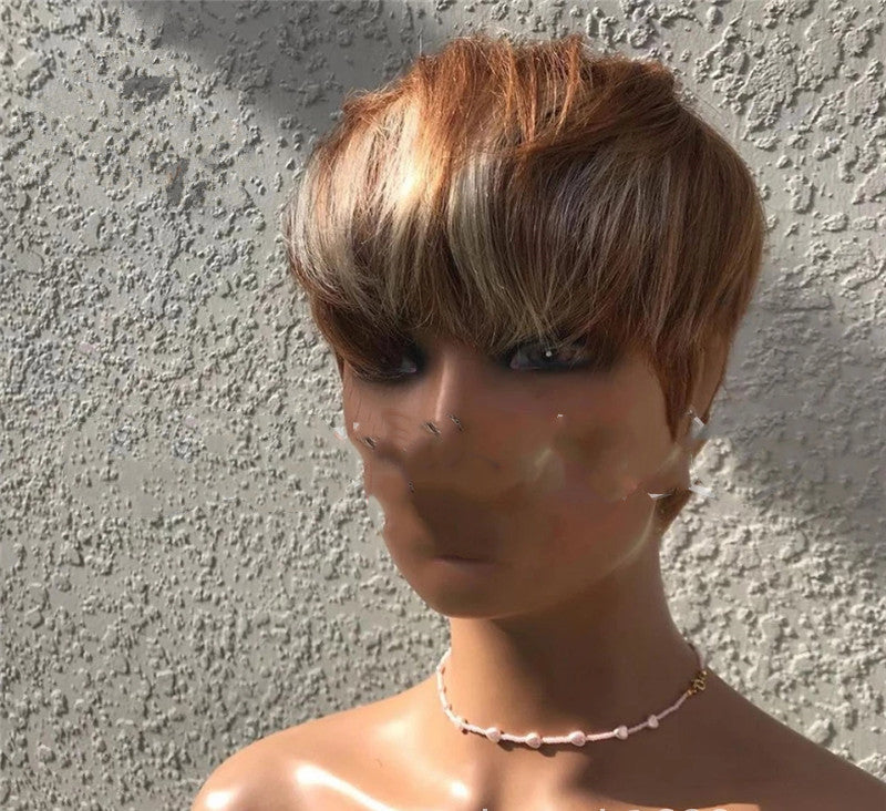 Brown and Golden Highlights Short Hair Wig-2