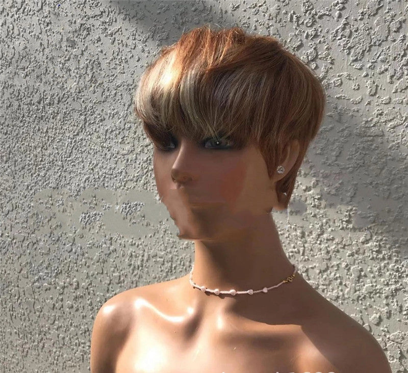 Brown and Golden Highlights Short Hair Wig-3