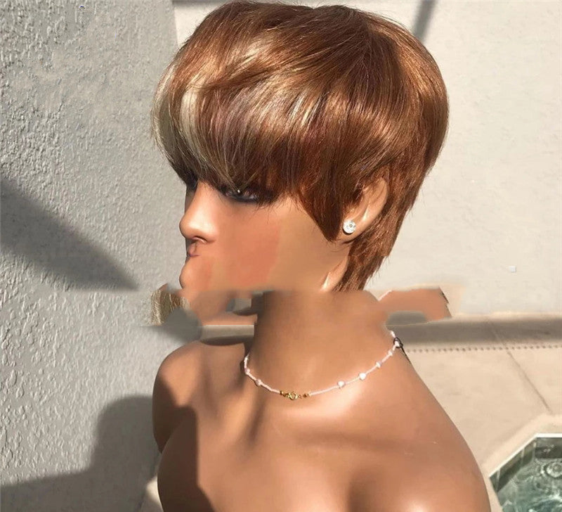 Brown and Golden Highlights Short Hair Wig-4