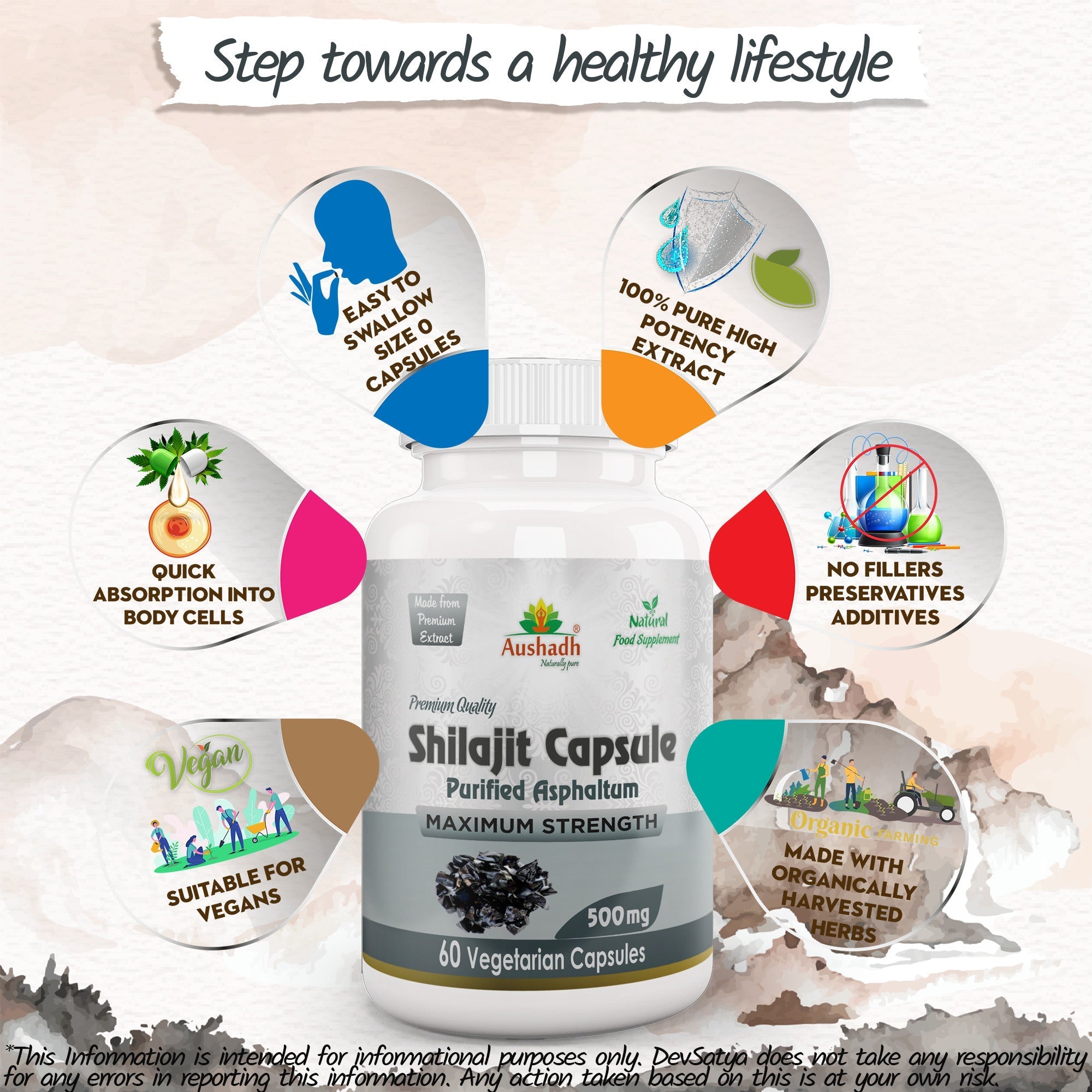 Aushadh Shilajit Capsules (Mineral Pitch) Energy & Vitality Support - Vegan, Gluten Free, Non-GMO, 60 Capsules