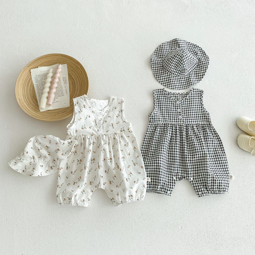 Summer Arrival Baby Boys and Girls Sleeveless Plaid or Floral Pattern Rompers